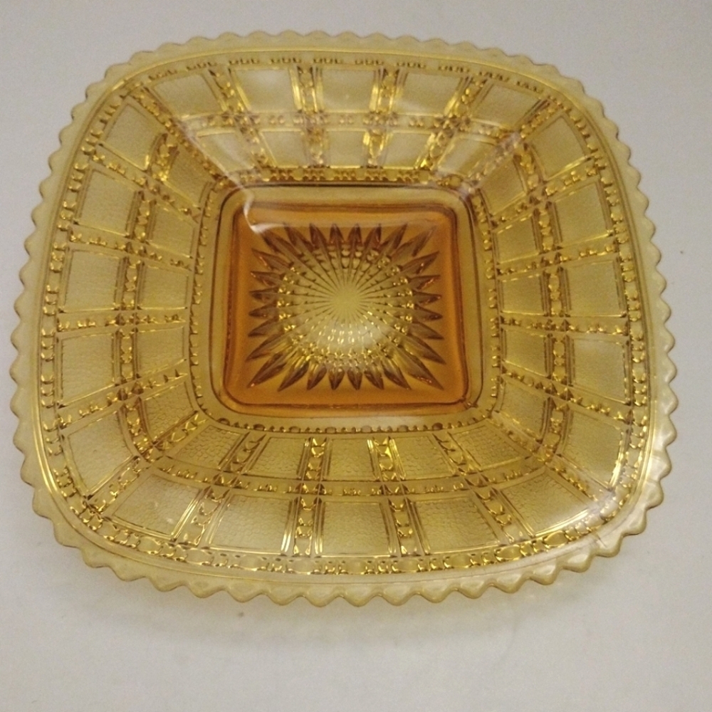 Vintage 1930s Imperial Glass Square Beaded Block AMBER Plate Art Deco 8"